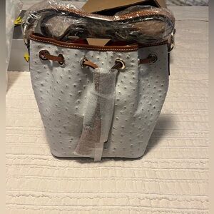 Dooney & Bourke Ostrich Small Drawstring Bucket Bag in Bone